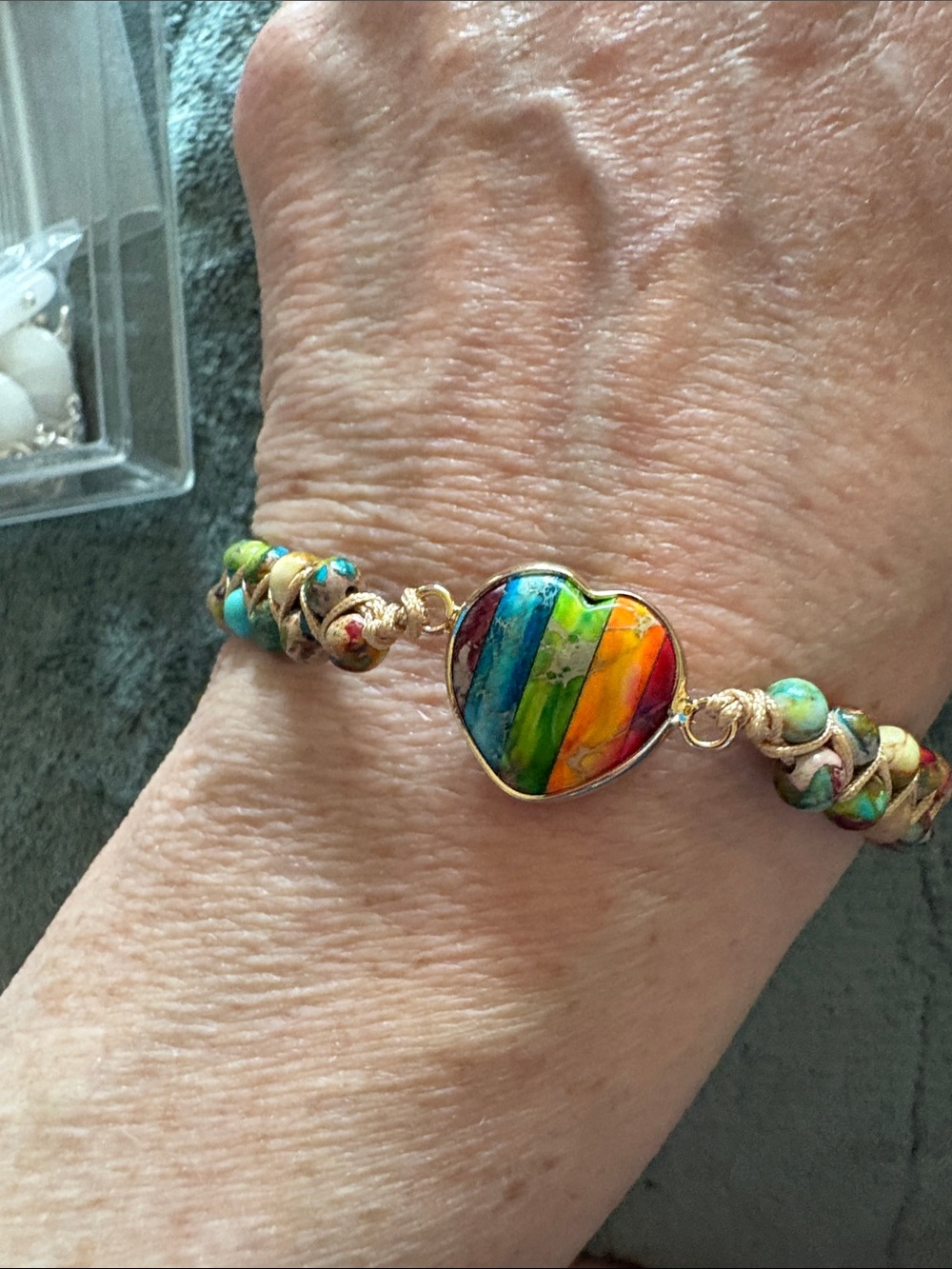 Gold Heart Rainbow Stripe Adjustable Bead Bracelet - Multicolor
